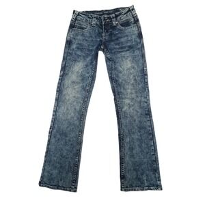 Cowgirl Tuff Mid Rise Omg Osh Acid Wash Distressed Bootcut Denim Jeans 25 x33